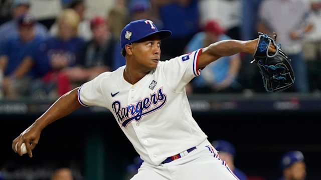 Oct 27, 2023; Arlington, TX, USA; Texas Rangers pitcher Jose Leclerc (25) throws during the tenth inning in game one of the 2023 World Series against the Arizona Diamondbacks at Globe Life Field. Mandatory Credit: Raymond Carlin III-USA TODAY Sports  